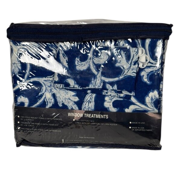 Vtg New Ralph Lauren Persimmon Rod Pocket Draperies &Ties 84 x 42 Blue White - Picture 2 of 3